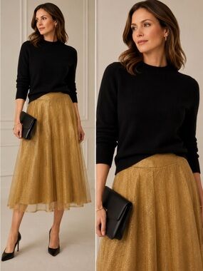 Kay Unger New York Gold Metallic Tulle Midi Skirt Size 6 Party Holiday